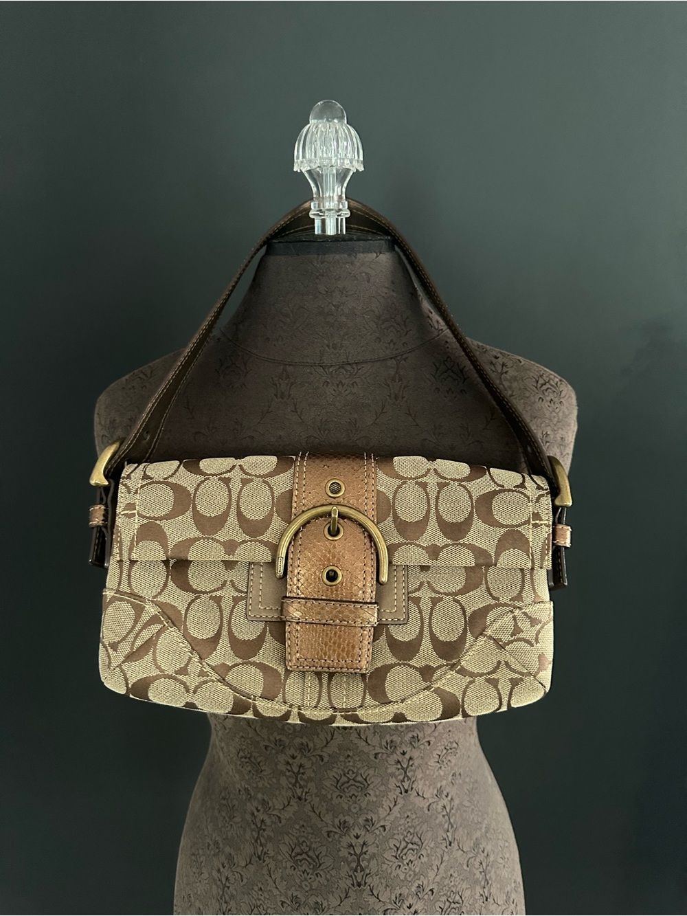 Vintage Coach Soho Signature Flap Bag Bronze Metallic Leather Buckle Shoulder Y2